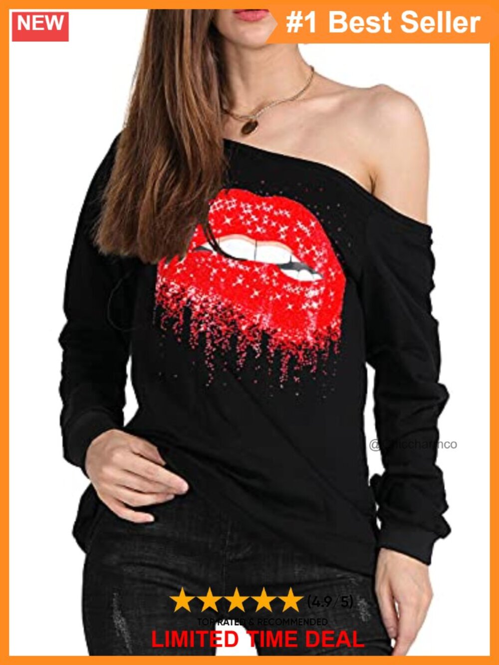 Lips Print Off Shoulder Long Sleeve Cotton Pullover Sweatshirt